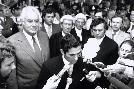 The media scrum as Sir John Kerr's secretary David Smith proclaims Gough Whitlam's sacking_11thNovemer-1975